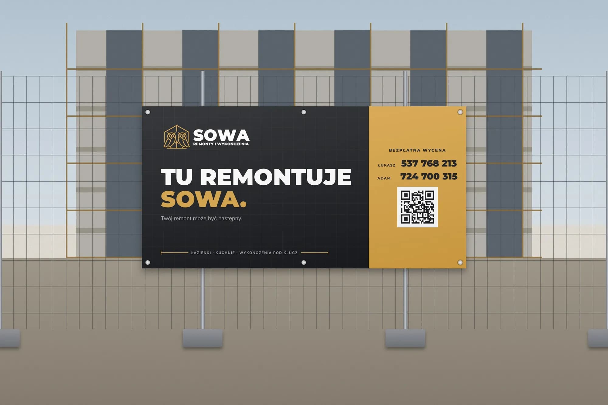 Baner na budowę „Tu remontuje SOWA.” z kodem QR do wyceny