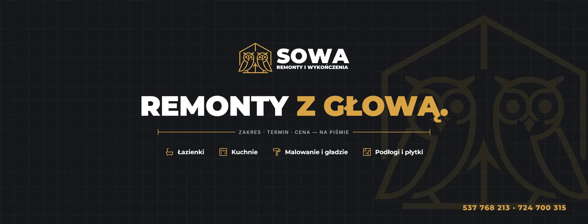 Grafika w tle profilu SOWA na Facebooku: „Remonty z głową.”